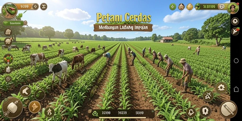 Tampilan gameplay 9399 dengan ladang hijau dan aktivitas bertani yang menyenangkan.