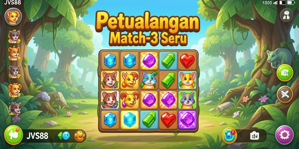 Screenshot gameplay JVS88 menampilkan aksi mencocokkan permata dengan warna-warni ceria.