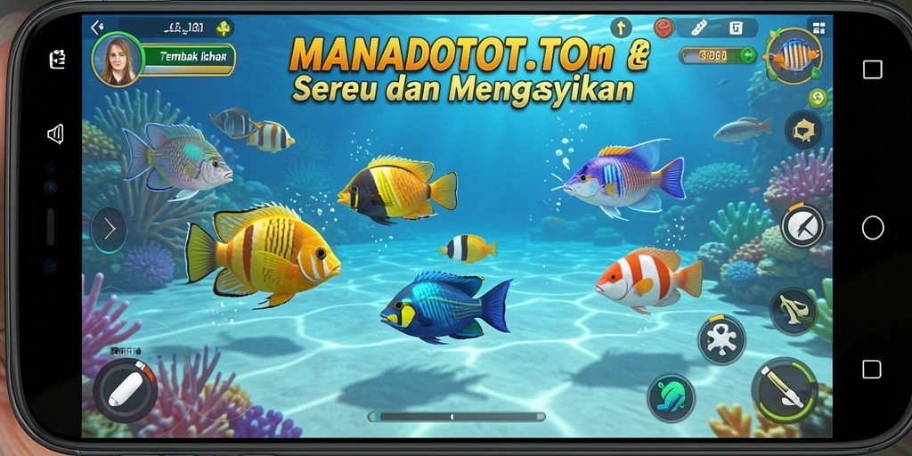Screenshot gameplay MANADOTOTO menampilkan aksi menembak ikan yang seru.