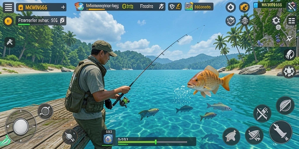 Screenshot gameplay MKWIN666 yang menunjukkan aksi memancing yang seru.