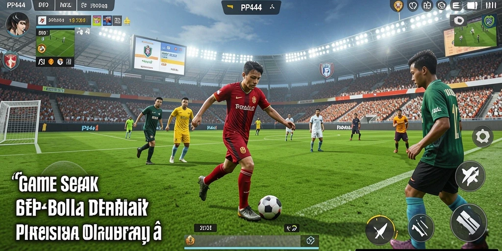 Screenshot utama PP444 menampilkan aksi menyerang dalam pertandingan sepak bola.